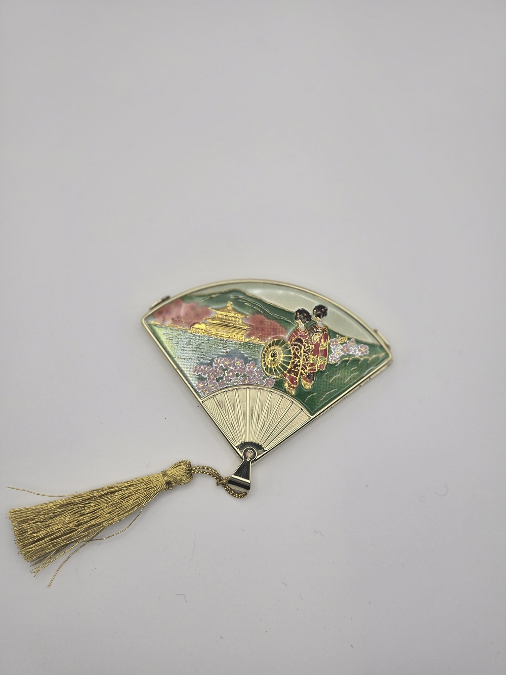 Chokin Fan Shaped Double Mirror W/ Sliding Cover Japanese Woman